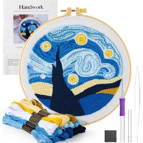 FARBCLUB Punch Needle Embroidery Starter Kit for Adults Beginner, Punch Stitching Kit with Punch Needle Fabric, Hoops, Yarns and Sewing Needles, Instructions, Beginner Tool Kit(Starry Sky)