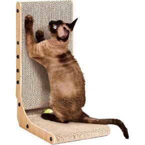 EHEYCIGA Cardboard Cat Scratcher for Indoor Cats, 26.8 Inch L Shaped Vertical Cat Scratching Board with Ball Cat Toy, Large Cat Scratcher Pad, Brown
