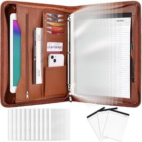 Leathario Portfolio Binder, Includes 10 Sheet Protectors and 3 Notepads, 3-Ring Folder Organizer, A4 Padfolio with Zipper, Vegan Leather Tablet Sleeve, Business Office Conference Clipboards