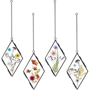 Qunclay 4 Pcs Hanging Photo Frames Glass Frame for Pressed Flowers Double Glass Frame with Chain Clear Floating Brass Picture Frames Wall Decor for Dried Flower DIY Artwork Display, Rhombus