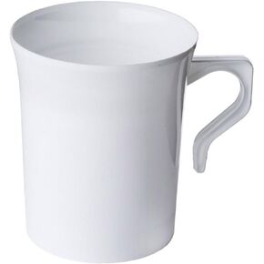 BloominGoods 50 Heavyweight Disposable White Plastic 8 oz. Coffee Mugs with Gold Trim | Tea, Cappuccino, Espresso Cups with Handles (50-Pack)