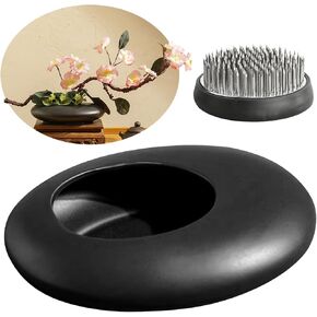 Japanese Inspired Ceramic Vase Ikebana kit, Pebble Shaped Flower Arrangement Bowl with 2inch Flower Frog Pin Frog Flower Stems Holder (White)