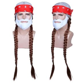 FantaLook Long Silvery Grey 2 Pigtail Wig with Bandana for Halloween