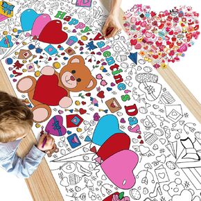 OHOME 91 PCS Valentines Stickers with Giant Coloring Poster - Valentines Day Crafts for Kids - Valentines Day Decorations - Valentines Treats Favors - Valentines Day Gifts for Kids Classroom