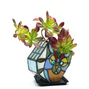 Tiffany Style Cute Purple Cat Flower Pot,Cute Pots for Plants,Small Plant Pot with Unique Cat Face Design,Tiltable Cat Terrarium Decoration,4.6x3x5.15 in(Excluding Plants)