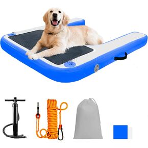 Inflatable Dock Platform for Dog, Large Pup Plank Dog Float Floating Ramp Ladder Up to 200 lbs Dog Water Ramp, Non-Slip PVC with Dog Boat Ramp for Pool, Dock, & Lake