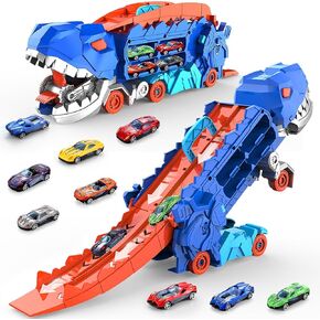 11 in 1 Dinosaur Toys for Kids Toddler, Dinosaur Transport Truck with 8 Race Cars Transforms into Stomping Dinosaur with Race Track Ultimate City Dinosaur Hauler Track Toy for 3-5 4-8 Blue