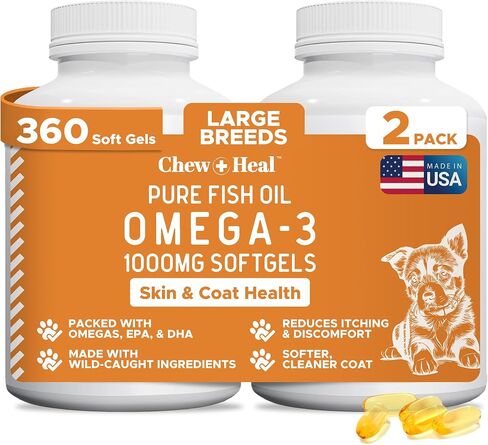 Wild Caught Omega 3 Fish Oil for Dogs - 300mg Softgel Capsules for Healthy Skin and Coat - 180 Dog Fish Oil Pills for Shedding, Dry Itching Skin, and Hot Spots in Kuwait