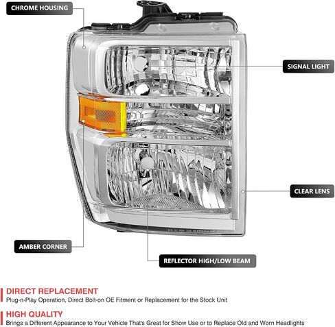 DNA MOTORING Headlamps Headlight Assembly Compatible With 08-14 Ford E150 08-21 E350 E450SD 16-21 F650 F750, Left, Chrome/Amber, HL-OEM-ESD08-CH-AM-L in Saudi Arabia