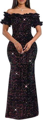 Women Sexy Sequin Off Shoulder Ruffle Short Sleeve Bodycon Mermaid Party Formal Evening Maxi Dress in Saudi Arabia