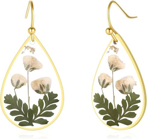 Forget-Me-Not and Queen Anne's Lace Pressed Wildflower Earrings | Drop Dangle Earring For Women Girls | Pressed Flower Teardrop Earrings Dry Flowers | Personalized Handmade Earrings | Gift for Woman in Kuwait