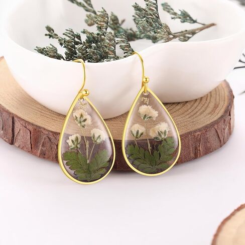 Forget-Me-Not and Queen Anne's Lace Pressed Wildflower Earrings | Drop Dangle Earring For Women Girls | Pressed Flower Teardrop Earrings Dry Flowers | Personalized Handmade Earrings | Gift for Woman in Kuwait