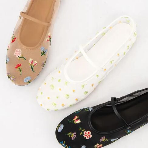 Mesh Ballet Flats for Women Embroidered Floral Mary Jane Flats Comfortable Casual Daily Dress Ballerina Shoes in Kuwait