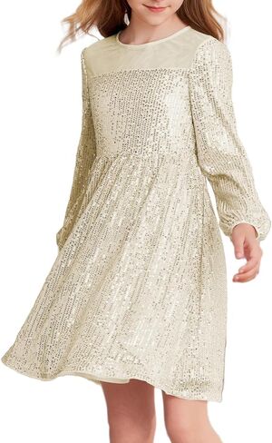 فستان Danna Belle Girl للحفلات مزين بالترتر وأكمام طويلة على شكل حرف A فساتين شبكية لامعة 5-12 سنة in Kuwait