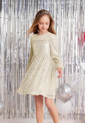 فستان Danna Belle Girl للحفلات مزين بالترتر وأكمام طويلة على شكل حرف A فساتين شبكية لامعة 5-12 سنة in Kuwait