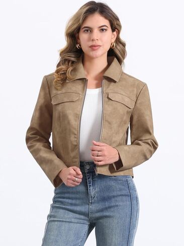 Allegra K Faux Leather Jackets for Women's Zip Up Vintage Distressed 2024 Fall Short PU Moto Biker Jacket in Saudi Arabia