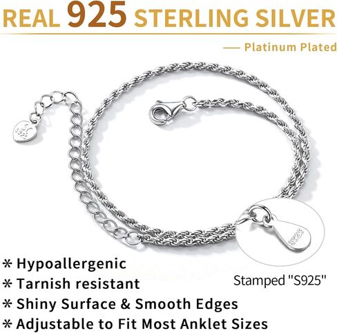 سوار الكاحل من الفضة الإسترلينية عيار 925 من ChicSilver للنساء، خلخال سلسلة كوبية متينة بسيطة/فيجارو/تويست لحفلات الشاطئ (مع صندوق هدايا) in Kuwait