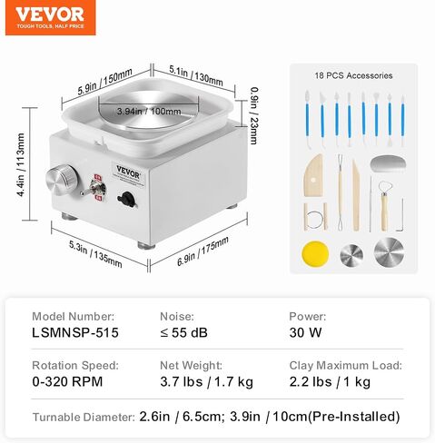 VEVOR Mini Pottery Wheel, 2.56in/3.94in, 2 Turntables Electric Ceramic Wheel Machine, 0-320RPM Adjustable Speed Detachable Basin Forming Machine, 18pcs Accessories, for Art Craft Work Home DIY, Pink in Kuwait