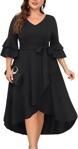 فستان زفاف للضيوف بمقاس كبير - فساتين كوكتيل شبه رسمية بأكمام جرس مزدوجة ورقبة على شكل حرف V وفتحة عالية ومنخفضة مع حزام in Kuwait