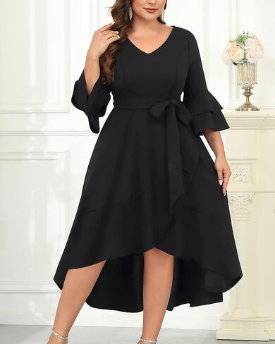 فستان زفاف للضيوف بمقاس كبير - فساتين كوكتيل شبه رسمية بأكمام جرس مزدوجة ورقبة على شكل حرف V وفتحة عالية ومنخفضة مع حزام in Kuwait