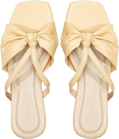 GORGLITTER Women's Bow Knot Square Toe Flat Sandals Open Toe Leather Slide Sandals in Saudi Arabia