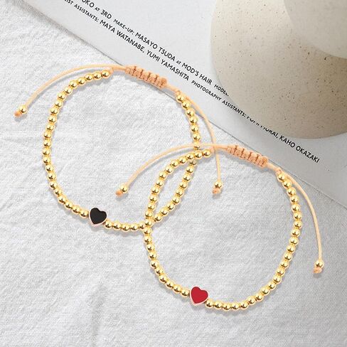 2pcs Mother and Daughter Matching Heart Bracelets Set,Handmade Copper Bead Bracelets Adjustable Rope Bracelets for Birthday Gifts (pink and white) in Kuwait