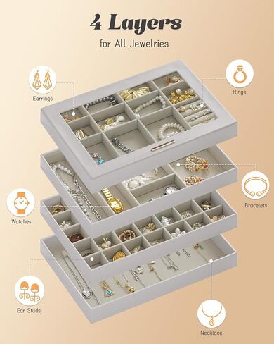 Large Jewelry Organizers and Storage Box , 4 Layers Stackable Jewelry Organizer Trays Clear Lid Cover for Drawers, Jewelry Boxes for Women, Stacker Jewelry Display Case, Jewelry Inserts for Drawers in Saudi Arabia