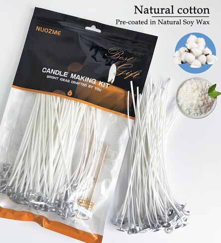 50 Pcs 6" Natural Candle Wicks,Pre-Waxed by 100% Beeswax & Tabbed with 60Pcs Candle Wick Stickers and 5 Pcs Wooden Candle Wick Centering Device, for Candle Making，Candle DIY in Kuwait