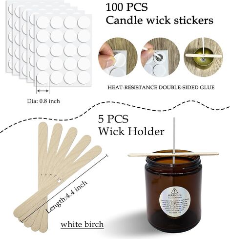 50 Pcs 6" Natural Candle Wicks,Pre-Waxed by 100% Beeswax & Tabbed with 60Pcs Candle Wick Stickers and 5 Pcs Wooden Candle Wick Centering Device, for Candle Making，Candle DIY in Kuwait