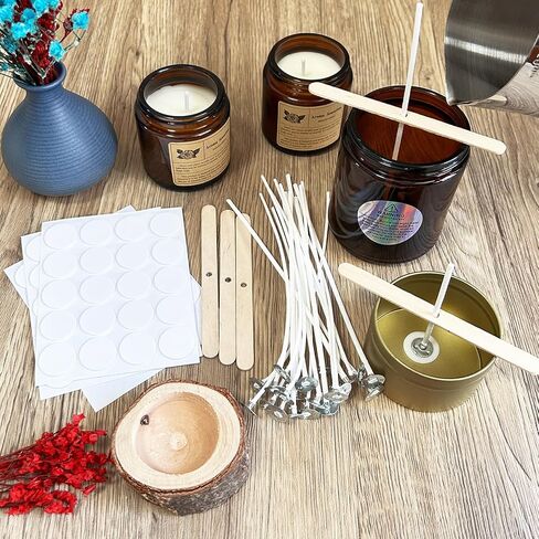 50 Pcs 6" Natural Candle Wicks,Pre-Waxed by 100% Beeswax & Tabbed with 60Pcs Candle Wick Stickers and 5 Pcs Wooden Candle Wick Centering Device, for Candle Making，Candle DIY in Kuwait