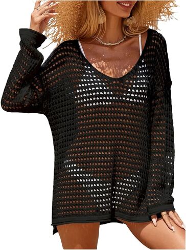 WDIRARA Women's Crochet Cover Up Cutout Drop Shoulder Long Sleeves Loose Cover Up Top in Kuwait