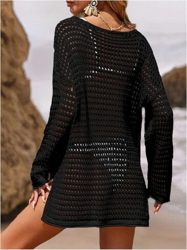 WDIRARA Women's Crochet Cover Up Cutout Drop Shoulder Long Sleeves Loose Cover Up Top in Kuwait