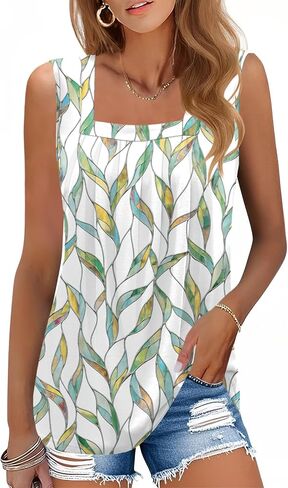 AKEWEI Summer Tank Top for Women Square Neck Sleeveless Tops Flowy Pleated Tunic Loose Fit S-3XL in Kuwait