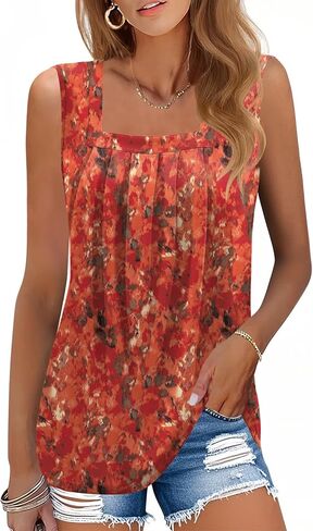 AKEWEI Summer Tank Top for Women Square Neck Sleeveless Tops Flowy Pleated Tunic Loose Fit S-3XL in Kuwait