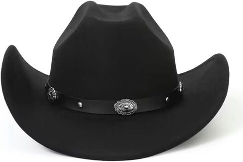 Classic Western Cowboy Hat for Women and Men Roll Up Wide Brim Felt Fedora Hats Cowgirl Hat with Belt Buckle(M-L) in Kuwait