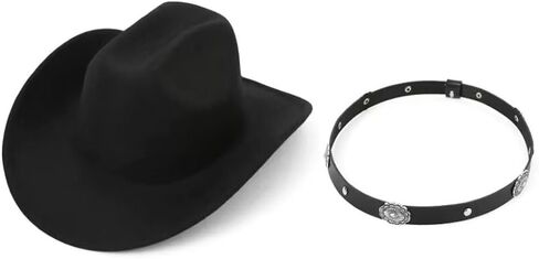 Classic Western Cowboy Hat for Women and Men Roll Up Wide Brim Felt Fedora Hats Cowgirl Hat with Belt Buckle(M-L) in Kuwait