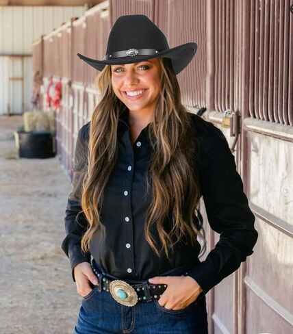 Classic Western Cowboy Hat for Women and Men Roll Up Wide Brim Felt Fedora Hats Cowgirl Hat with Belt Buckle(M-L) in Kuwait