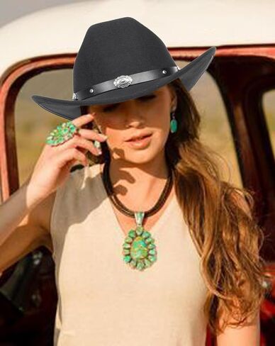 Classic Western Cowboy Hat for Women and Men Roll Up Wide Brim Felt Fedora Hats Cowgirl Hat with Belt Buckle(M-L) in Kuwait