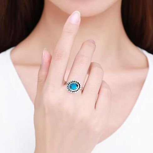 Retro Sterling Silver Oval Natural Black Agate Stone Ring,Genuine Real Crystal Quartz Gem Stone Sunflower Shape Boho Bohemian Ring Jewelry for Women (A02_Black Agate, 8) in Kuwait