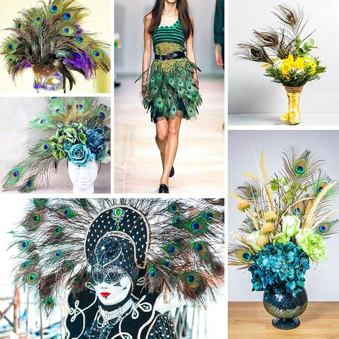 Piokio 50 pcs Peacock Feathers in Bulk 10-12 inch(25-30 cm) Bulk for DIY Craft, Wedding, Mardi Gras Decoration in Kuwait