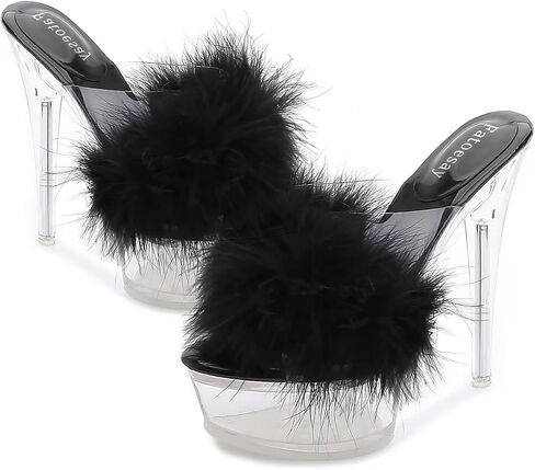 Fantoesay Women's Clear Stiletto Heels Sandals Platform Open Toe Slip On Mules Fluff Sandals in Saudi Arabia
