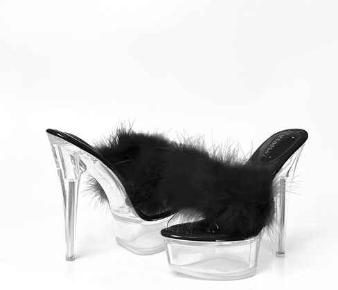 Fantoesay Women's Clear Stiletto Heels Sandals Platform Open Toe Slip On Mules Fluff Sandals in Saudi Arabia
