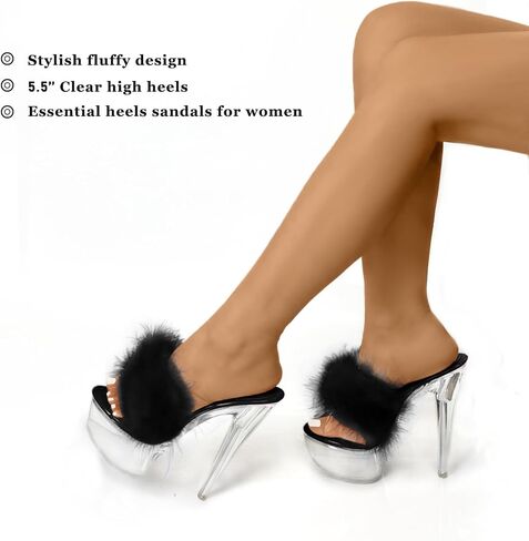 Fantoesay Women's Clear Stiletto Heels Sandals Platform Open Toe Slip On Mules Fluff Sandals in Saudi Arabia