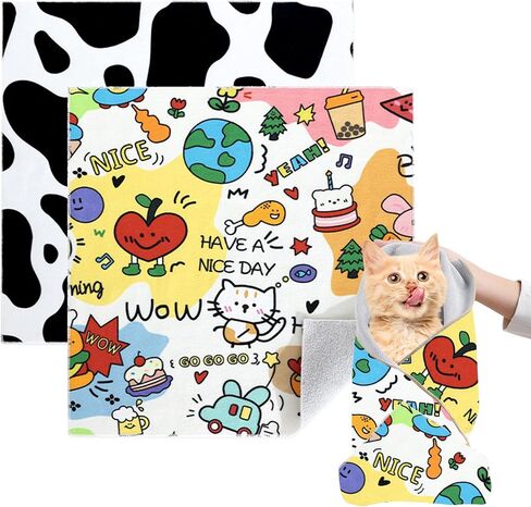 Cat Grooming Wrap, 2pcs [L+XL] Cat Restraint Wrap for Nail Clipping, Ear Cleaning, and Teeth Brushing, Self-Adherent, Anti-Bite, Anti-Scratch, Anti Scratch, Cow White in Kuwait