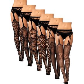 6 Pairs Women Fishnet Thigh High Stockings Suspender Pantyhose Lingerie Garter Belts Tights for Women Girls