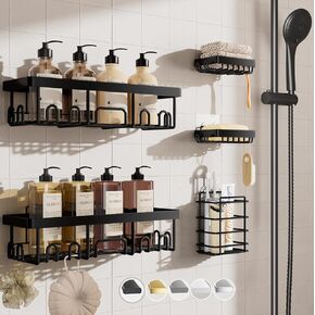 Veken Stainless Steel Shower Caddy 6-Pack, Adhesive Rustproof Shelves Rack with Soap Holder, Large Capacity Bathroom Organizers and Storage, No Drilling Wall-Mounted Kitchen & Home Decor, Bath Decor