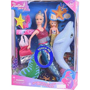 Yellow River Mermaid Princess Doll Playset, Color Changing Mermaid Tail by Reversing Squins, 12" Fashion Dress Doll with 3" Little Mermaid Dolphin and Accessories, Mermaid Gift for Girls