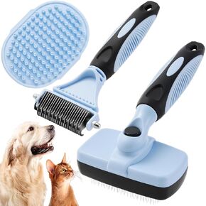 3PCS Cat & Dog Brush Set: Slicker & Deshedding Brush, Dematting Comb, and Bath Brush – Premium Grooming Tools for Shedding & Tangle-Free Fur (pink)