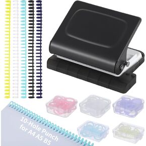10-Hole Binder Machine Kit, Manual Binding System with 10 Pcs Loose Leaf Binding Spines & 100 Pcs Binder Rings, Binding Machine for Planner, 26 Holes on B5, 30 Holes on A4, 20 Holes on A5