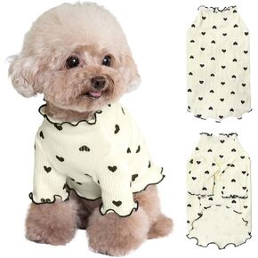 Pet Clothes for Small Dogs Cat Summer Fall Heart Print Shirt Stretchable Ruffle Long Sleeve Outfits for Chihuahua Schnauzer Shih Tzu Yorkie (Pink, Medium)